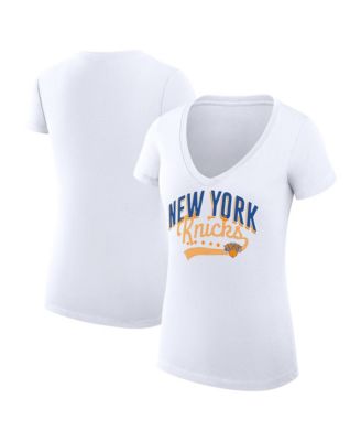 Women's White New York Knicks Super-Slim Fit Lightweight Filigree Logo V-Neck T-Shirt