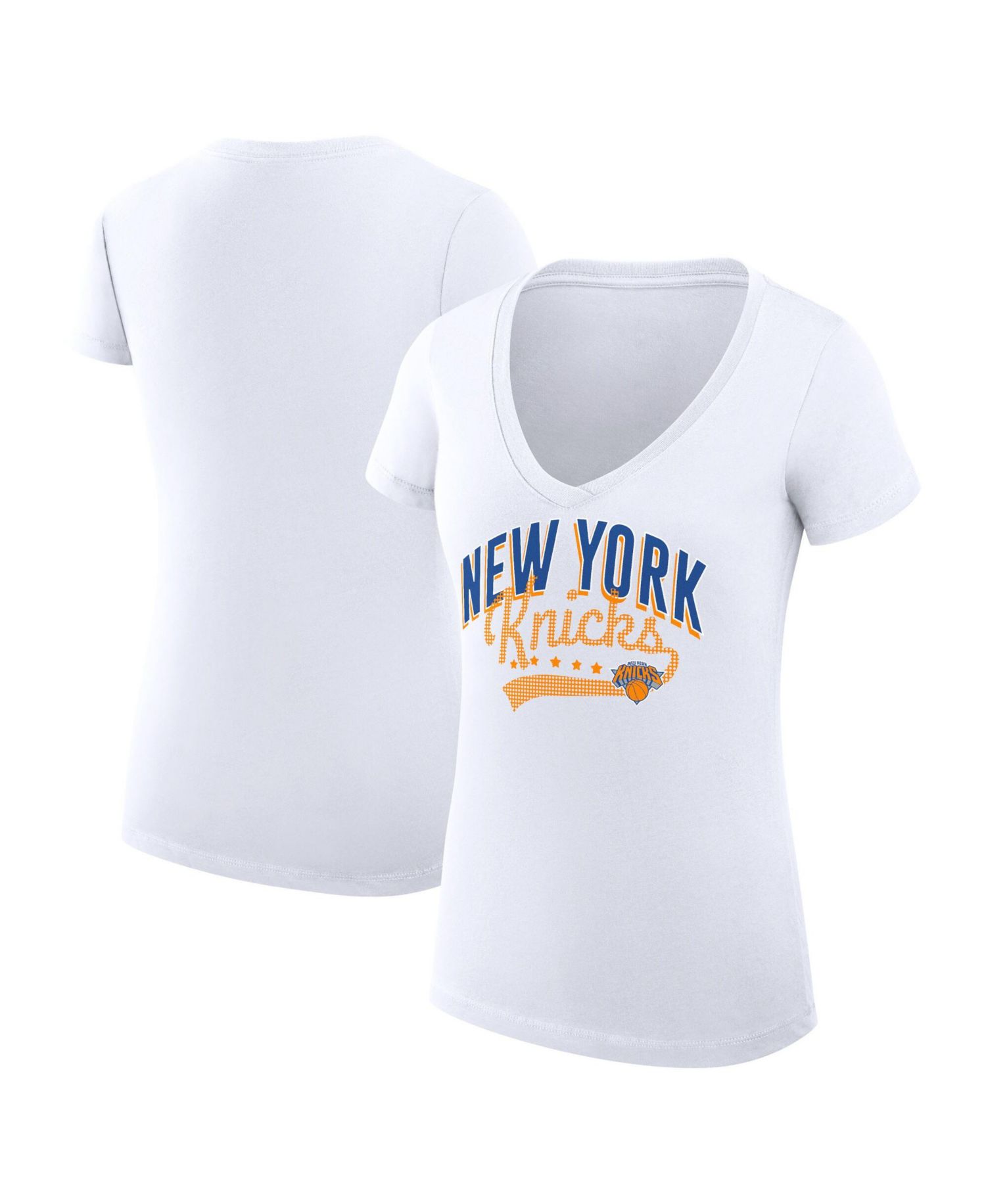 Women's White New York Knicks Super-Slim Fit Lightweight Filigree Logo V-Neck T-Shirt