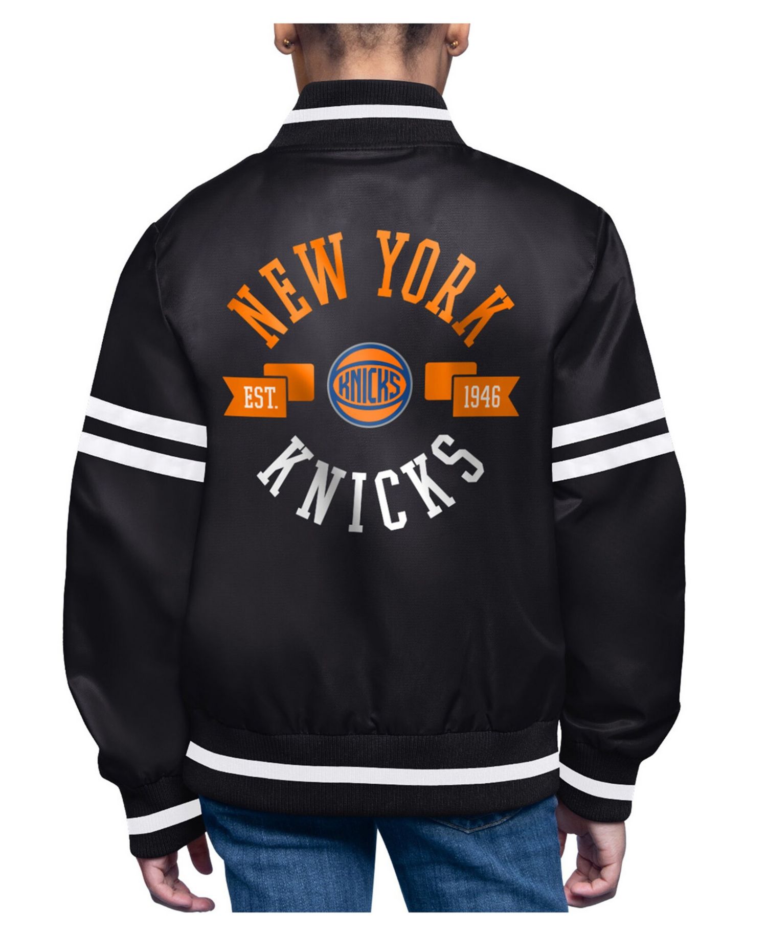Big Boys and Girls Starter Black New York Knicks Printed Logo Varsity Satin Full-Snap Jacket