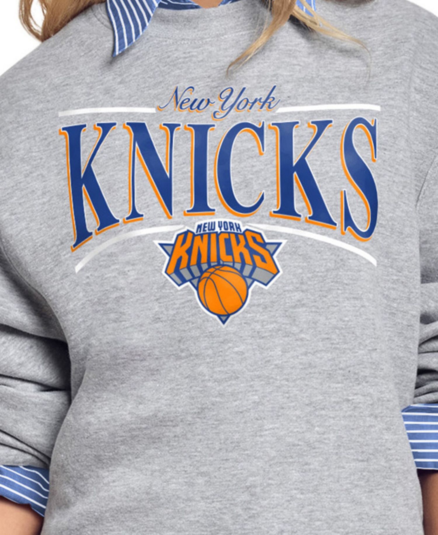 Women's Gray New York Knicks Arch Stripe Fleece Crewneck Sweatshirt