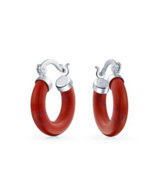 Classic Stone  Turquoise Onyx Round Tube Hoop Earrings .925 Sterling Silver .75 Inch Diameter