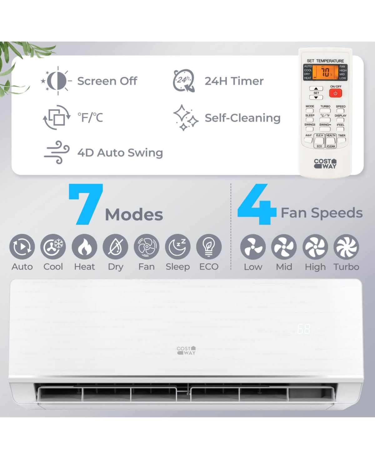 Costway 12000 Btu 230 V Mini Split Air Conditioner and Heater with 1 Ton Heat Pump Installation Kit