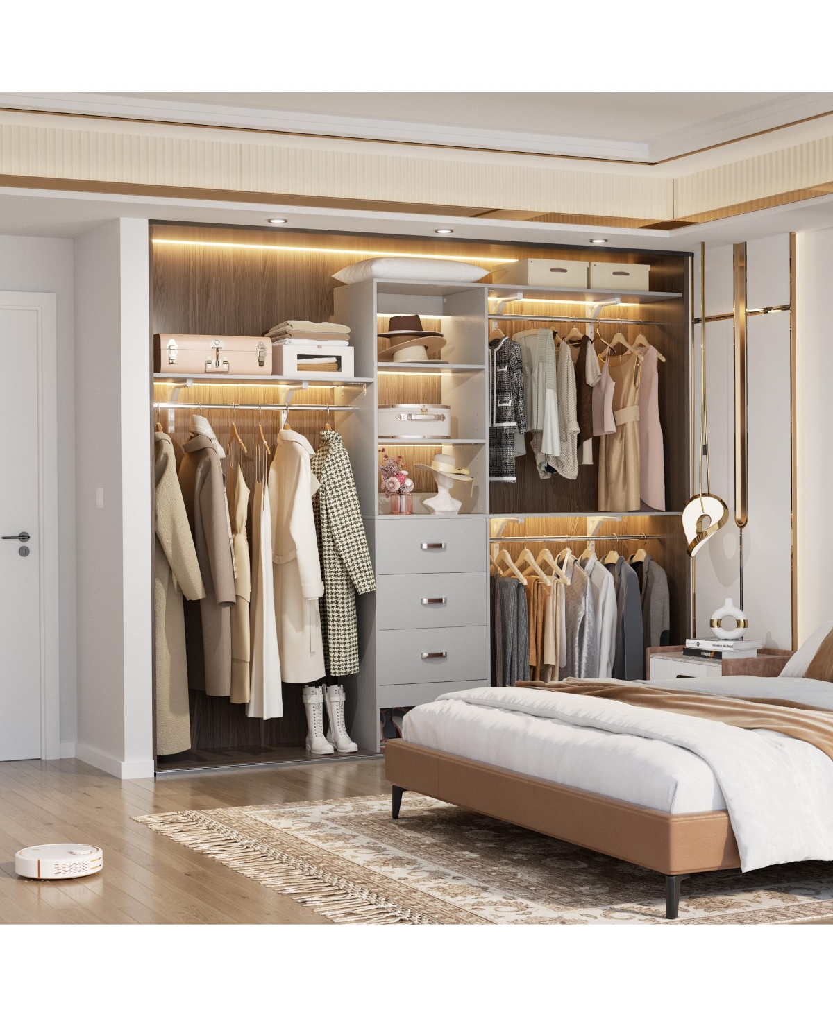 Aheaplus Closet System with 3 Hanging Rods, 3 Drawers and 3 Shelving Tower, 5-8 Feet Walk-in Closet Organizer