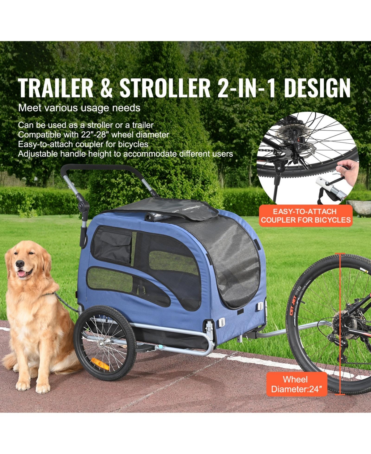 Cozito Dog Bike Trailer and Pet Stroller, 100 lb Capacity Folding Carrier with Quick Release Wheels