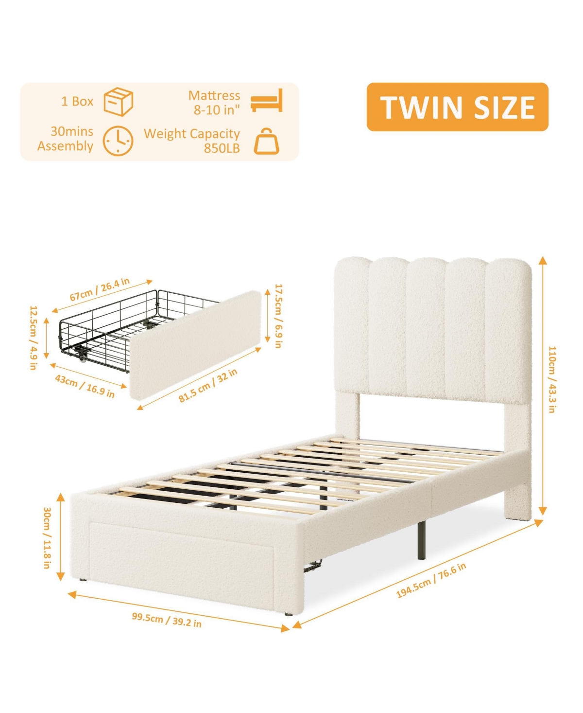 homfan Twin Bed Frame with Under-Bed Drawer, Boucle Upholstered Platform Wave Headboard for Kids/Girls, Wooden Slats Support