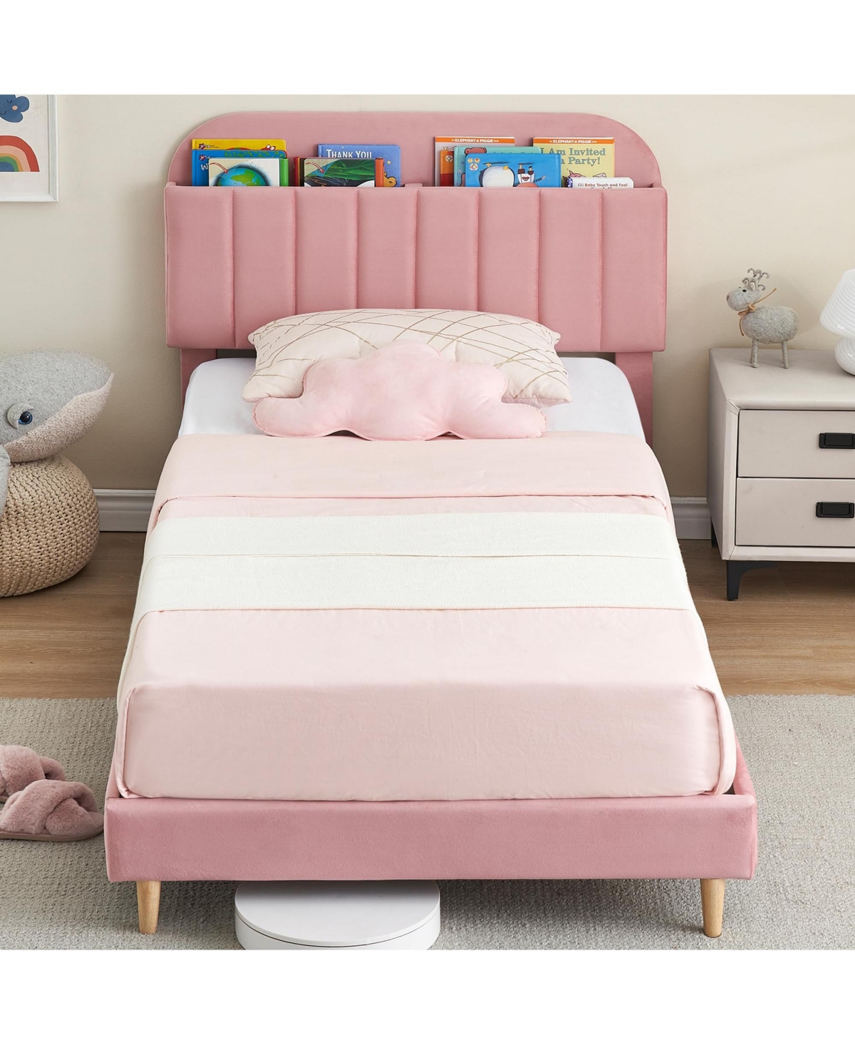 homfan Set of 2 Twin Upholstered Beds with Bookcase Headboards, Steel and Wood Slat Support, Quiet Design, Simple Assembly