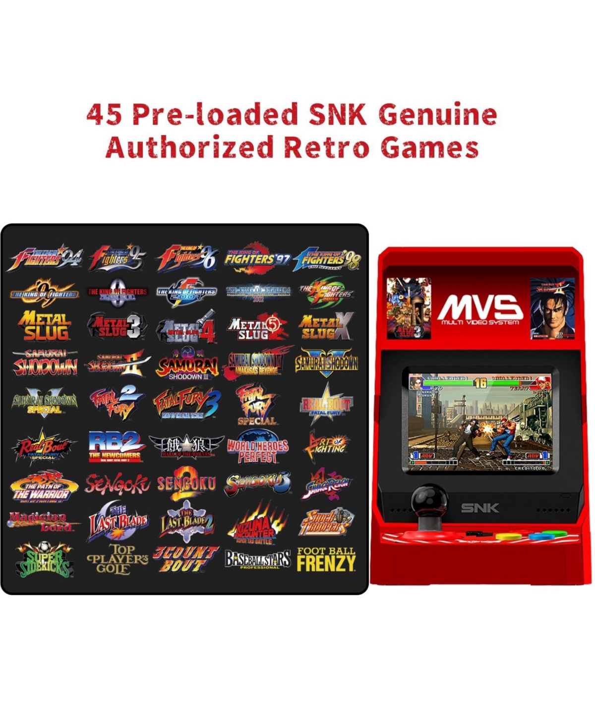 Unico Mvs Mini Home Arcade Console with Controller and 45 Snk Classic Games Including King of Fighters, Metal Slug, Samurai Showdown and More