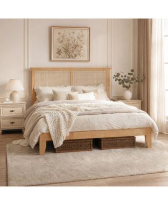 Bed Frame with Rattan Headboard, Platform Bed Frame with LED Lights, Under Bed Storage