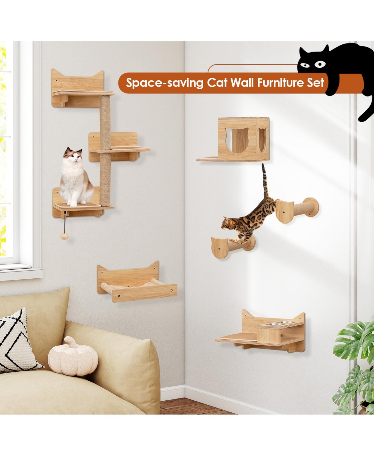 Cozito 6 Piece Cat Wall Furniture Set with Wall Mounted Shelves and Bowls