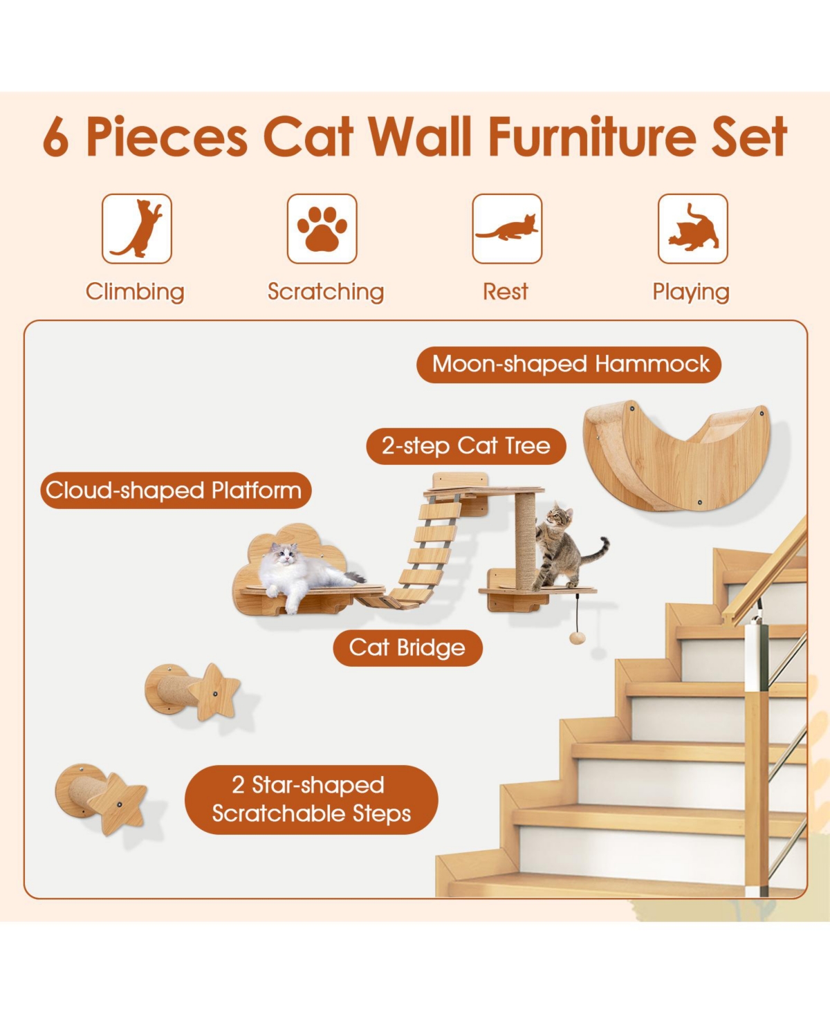 Cozito Cat Wall Furniture Set with Wall Mounted Shelves and Hammock