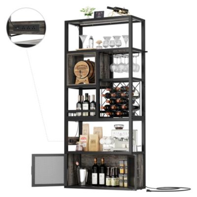 Tall Wine Bar Cabinet with LED Light and Charging Station, 7-Tier Wine Bar Cabinet