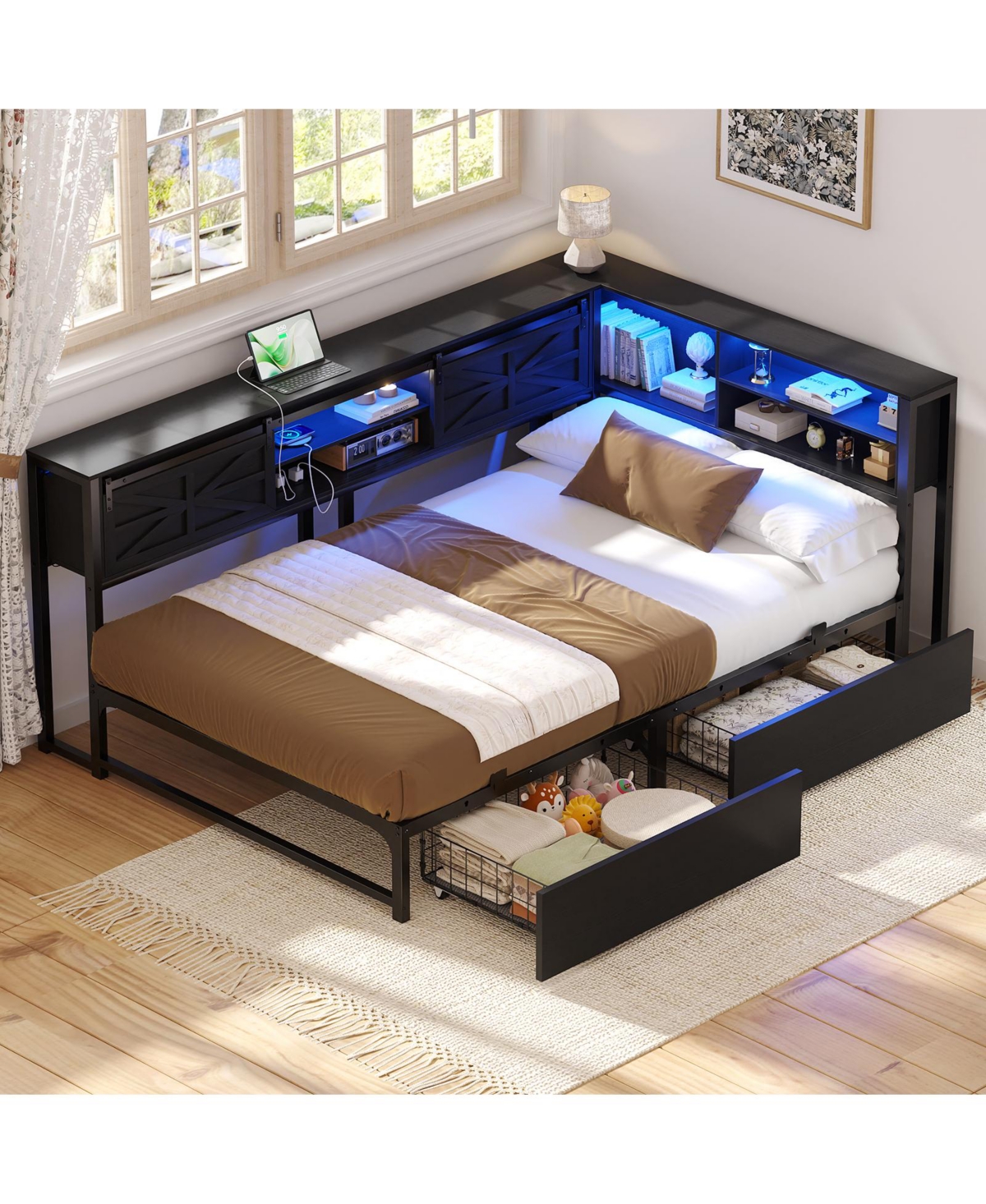 Aheaplus Bookcase Daybed with Wood Drawer, Corner Bed Frame Sliding Door