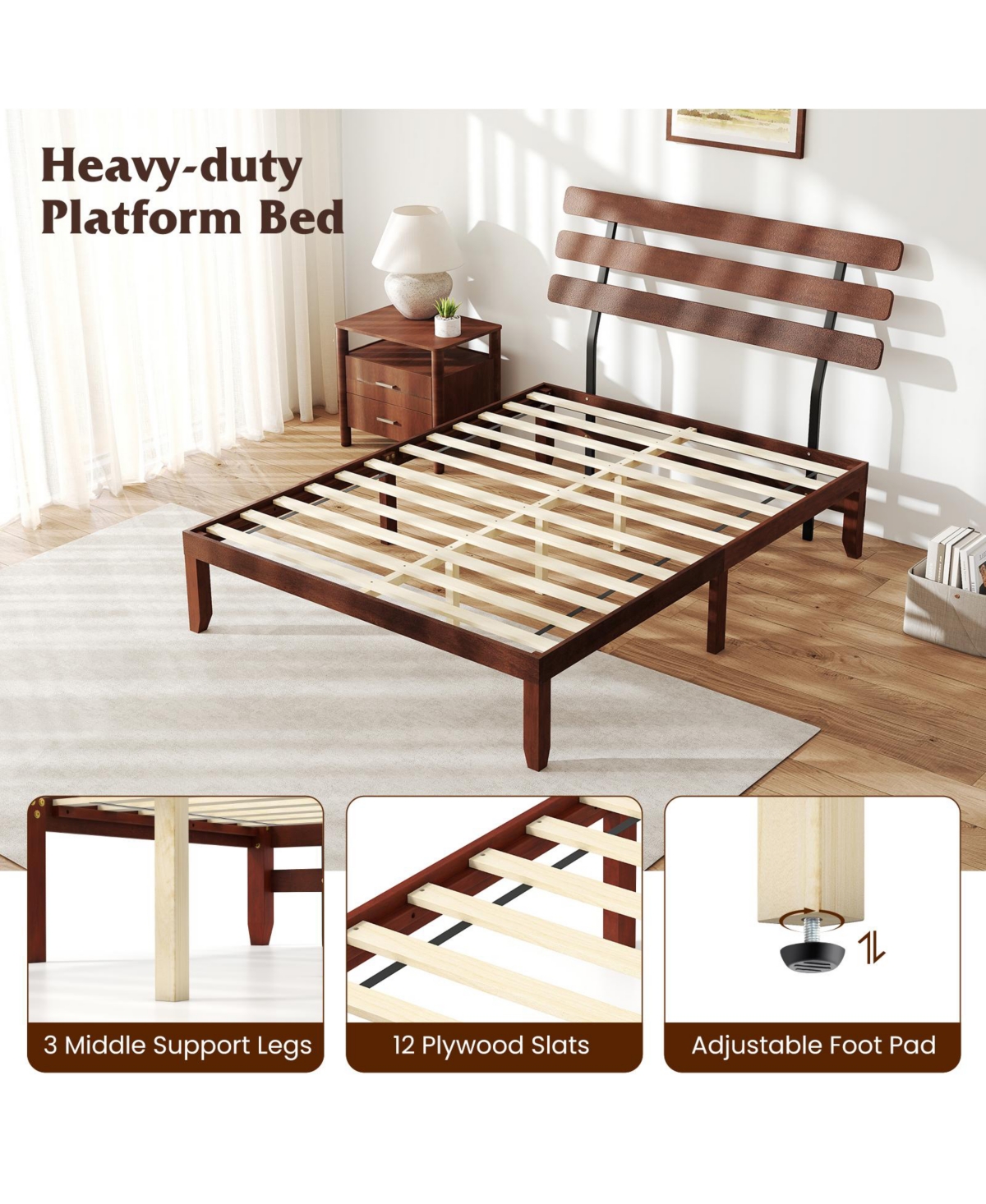 Slickblue Stylish Wooden Bed Frame with Retro Headboard