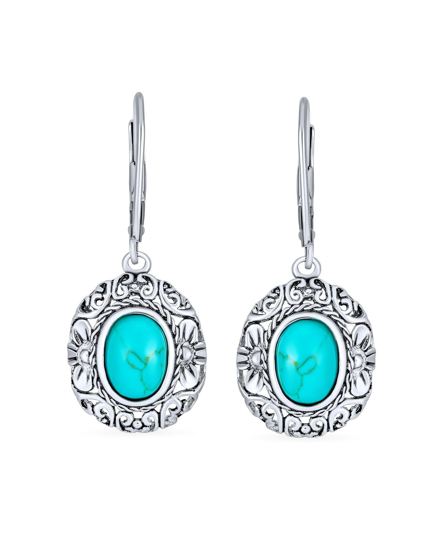 Bali Style Natural Oval Turquoise Floral Scroll Filigree Drop Earrings .925 Sterling Silver