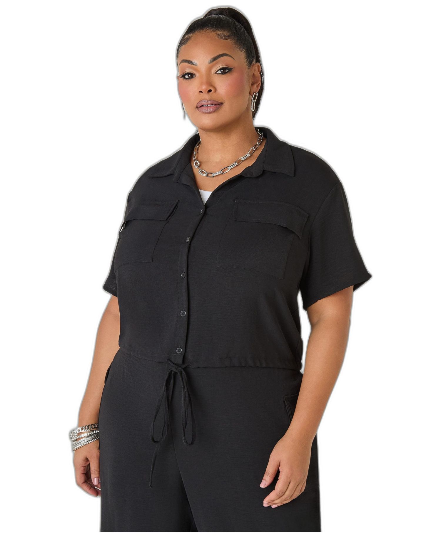 Plus Size Drawstring Cropped Shirt
