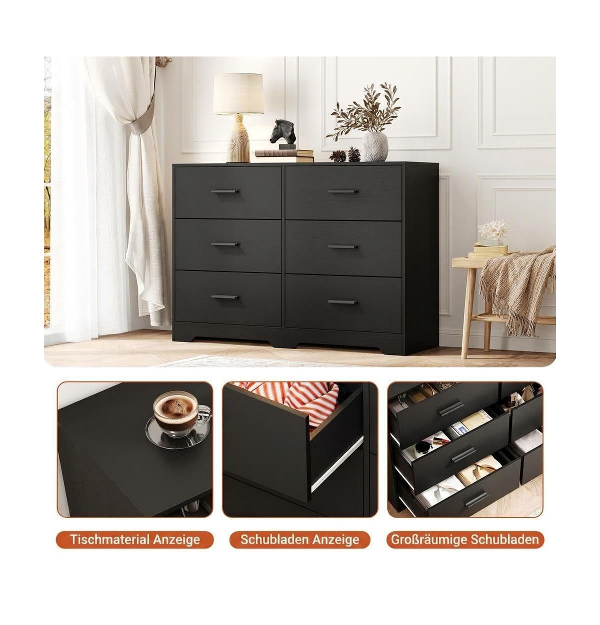 homfan 6-Drawer Modern Dresser Chest with Metal Handles, Wide Wooden Storage Cabinet Tv Stand for Bedroom, Living Room, Hallway