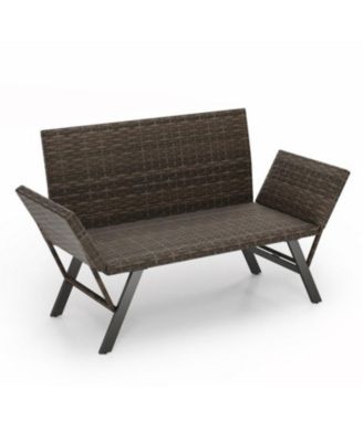 2-Person Convertible Patio Sofa Rattan Daybed with Adjustable Armrests