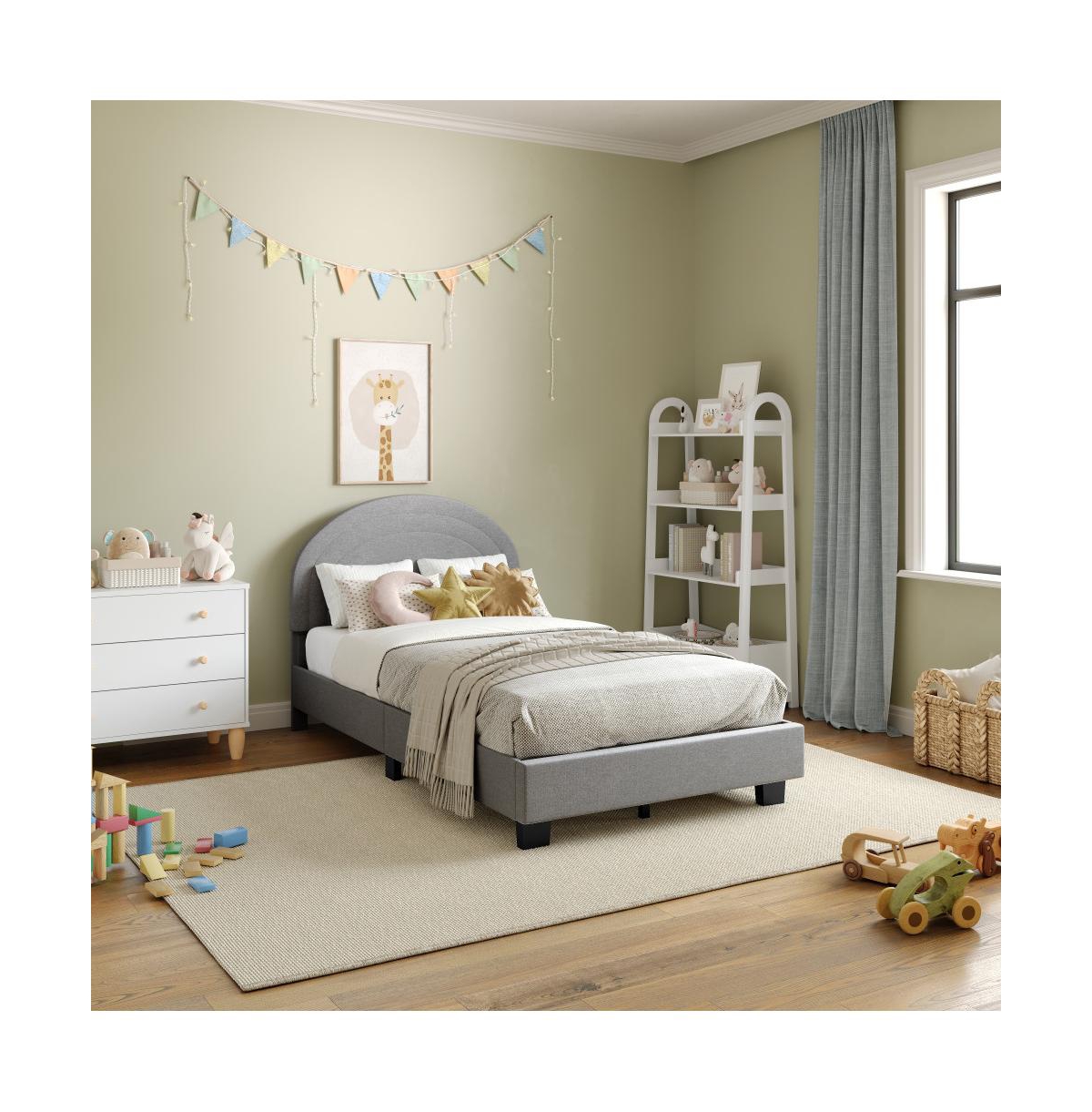 Buzz & Bloom Platform Bed Frame with Curved Headboard and Wood Slat Foundation
