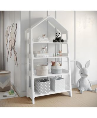 Wood Open Bookshelf with Covered Triangular Top, 4 Shelves, and Squared Legs