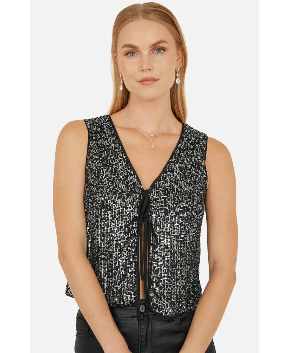 Yumi Women's Sequin Tie Front Waistcoat Top