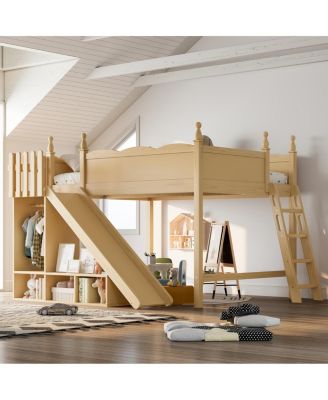 Solid Wood Loft Bed with Storage, Wardrobe, and Slide