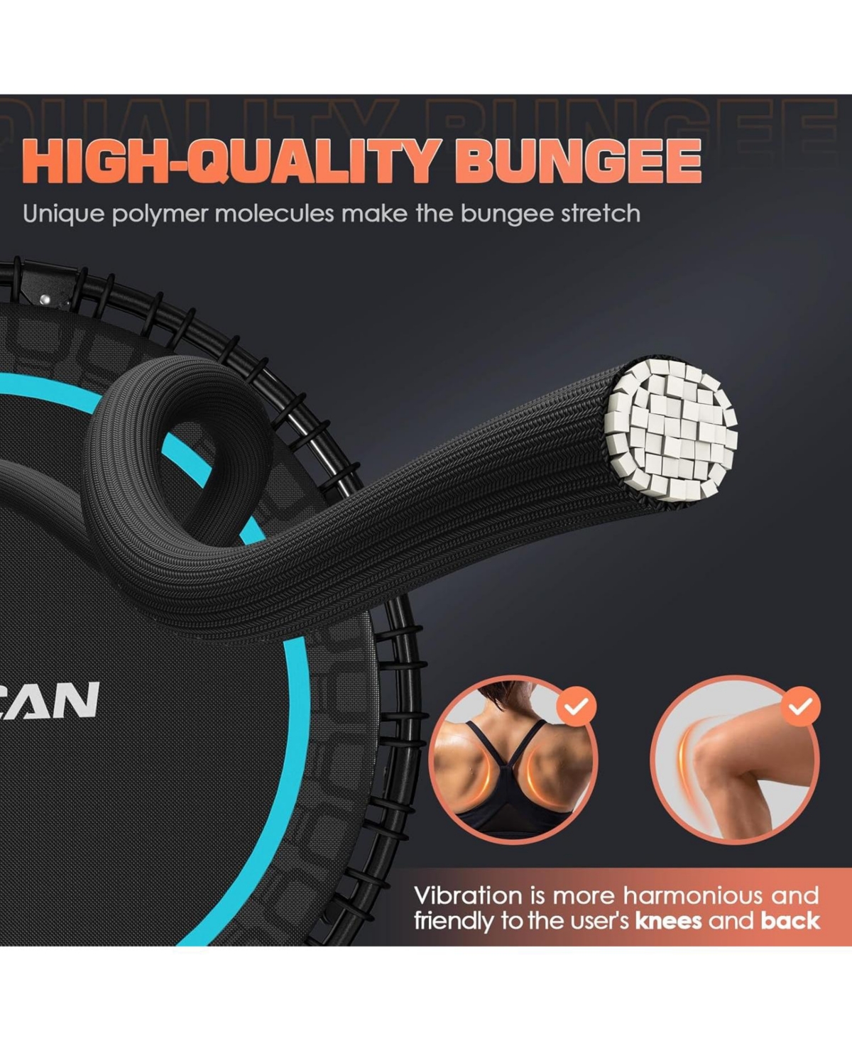 Bcan BT2 Mini Rebounder Trampoline with Handle, 450/550LBS Capacity, Bungee Fitness, Adjustable and Quiet, 40/48 Inch