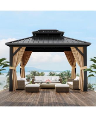 Hardtop Gazebo with Double Roof, Outdoor Gazebo for Patio, Metal Frame Gazebo Canopy with Netting and Curtains, Permanent Pavilion