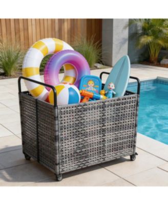Poolside Rattan Storage Organizer, Outdoor Storage Bin, Pool Float Storage Holder with Mesh Rolling for Pool Noodles, Toys, Floats, Balls