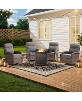 7 Pieces Outdoor Patio Furniture Set with Fire Pit Table,Outside Fire Pit Set with PE Wicker Swivel Rocking Chairs and Coffee Side Table