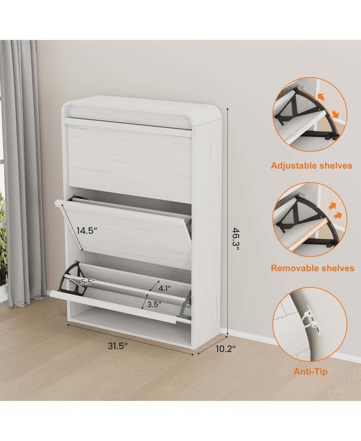 gaomon Shoe Cabinet with 3 Flip Drawers, Wooden Shoe Cabinet with Adjustable Shelf, Shoe Storage for Entryway, Hidden Shoe Cabinet for Living Room