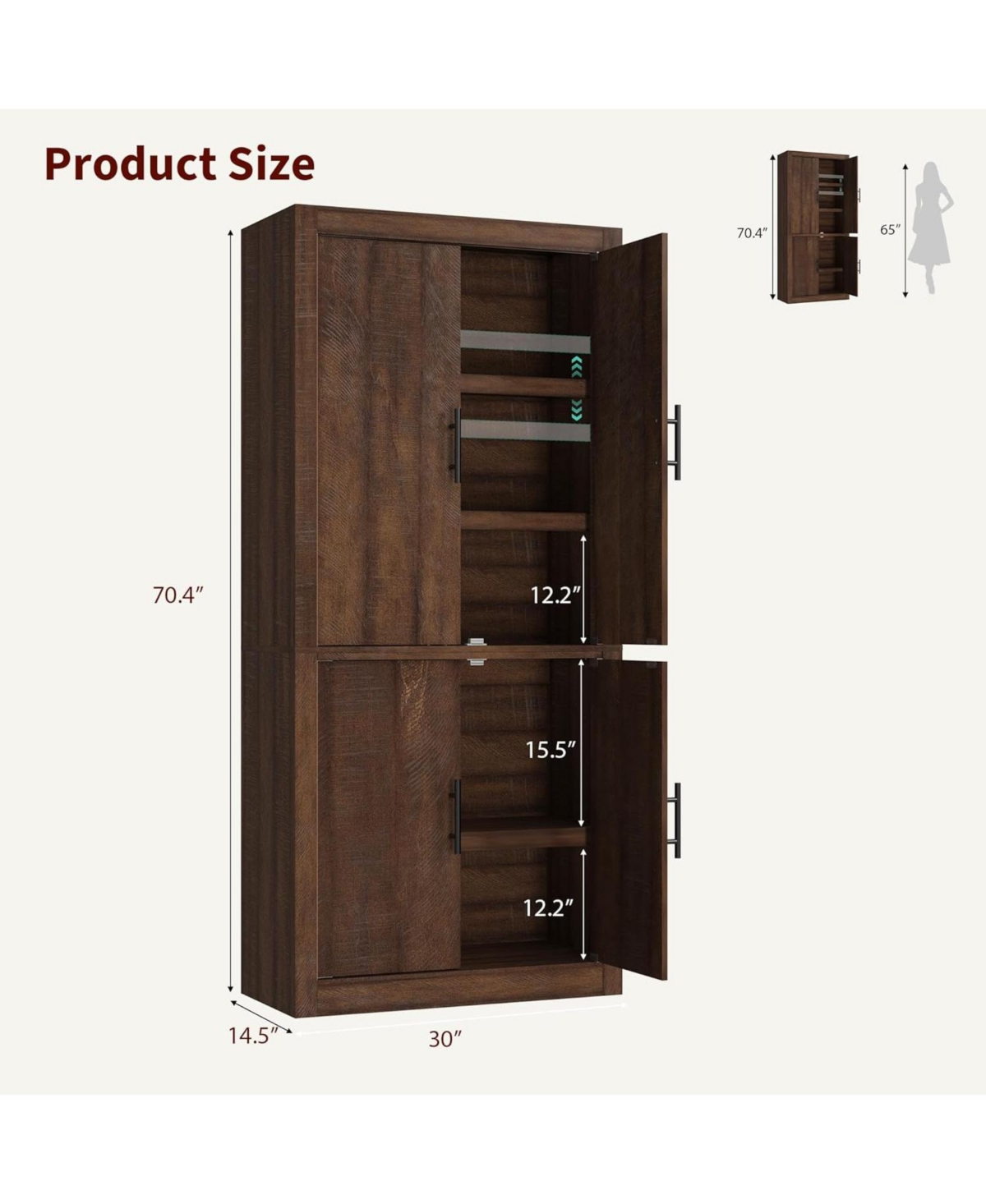 gaomon Tall Wooden Kitchen Pantry Cabinet, Farmhouse 4-Magnetic Door Freestanding Food Storage Cupboard Pantry Cabinet with Adjustable Shelves