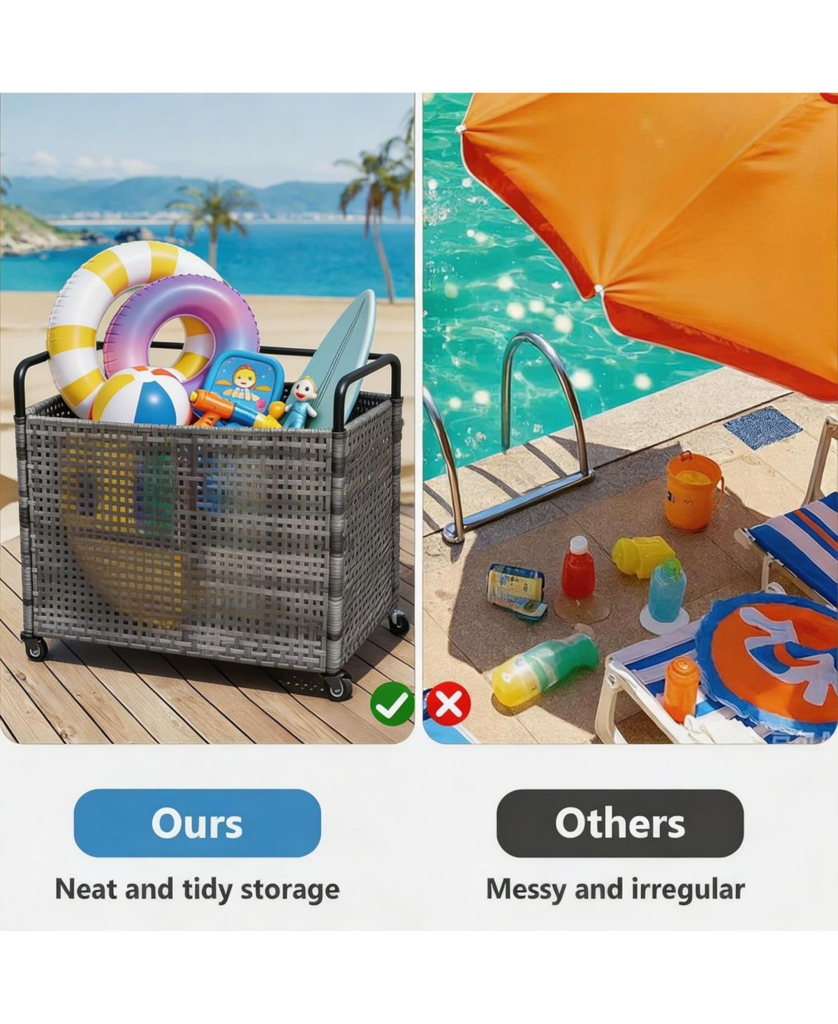 gaomon Poolside Rattan Storage Organizer, Outdoor Storage Bin with 2 Sides Handle, Pool Float Storage Holder with Mesh Rolling for Pool Noodles, Toys