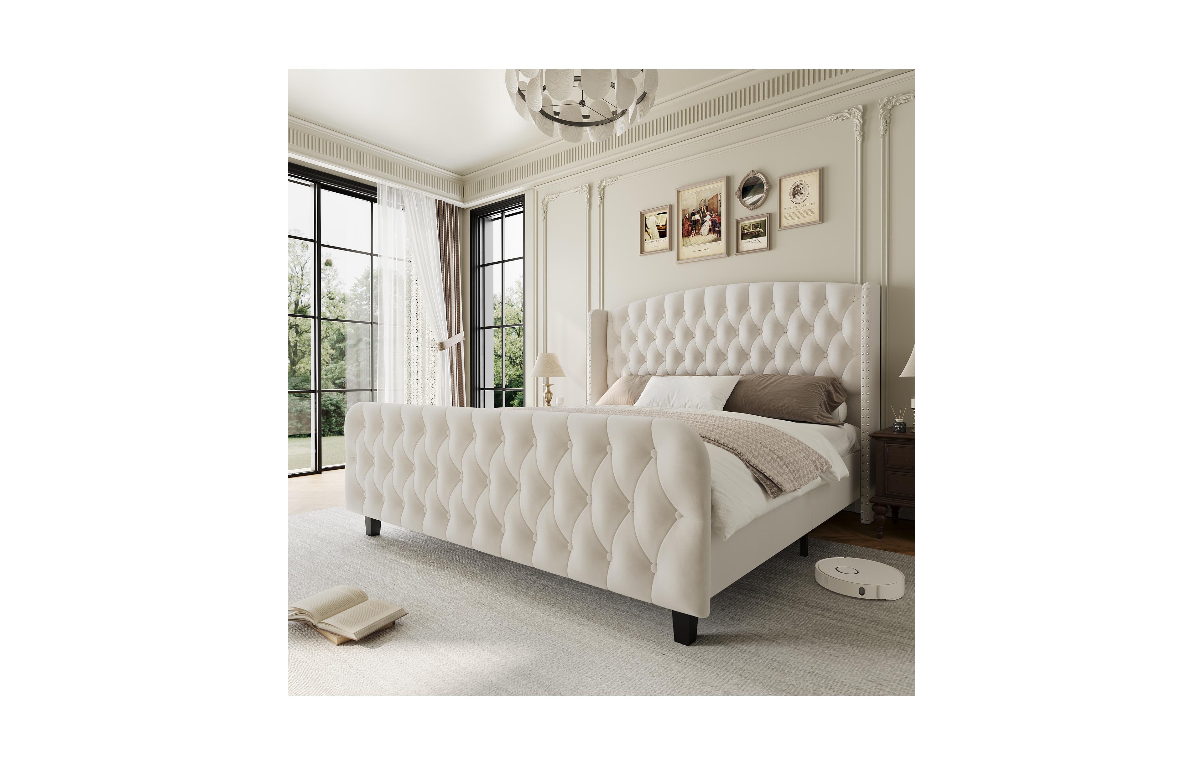 homfan Bed Frame with 51" Tall Tufted Wingback Headboard and Footboard, Soft Fabric Upholstery, Wood Slats, Noise-Free, No Box Spring Needed
