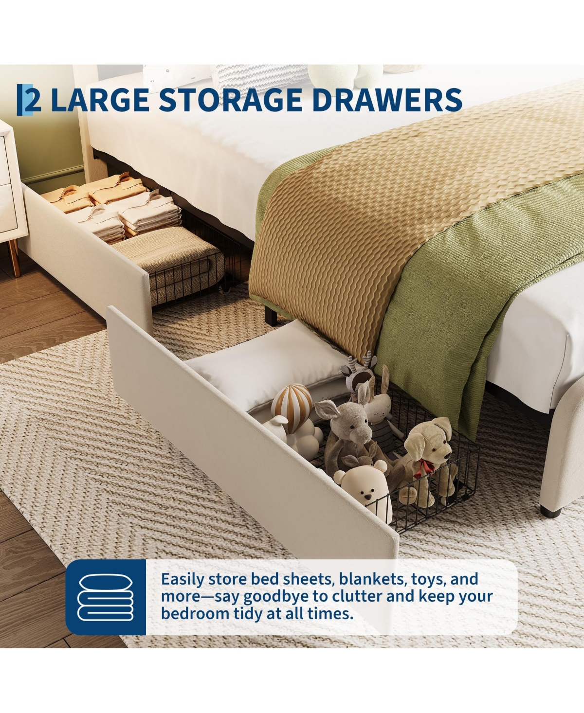 homfan Bed Frame with 2 Storage Drawers, Led Lights, Upholstered Bed with Adjustable Headboard, Wood Slats, No Box Spring