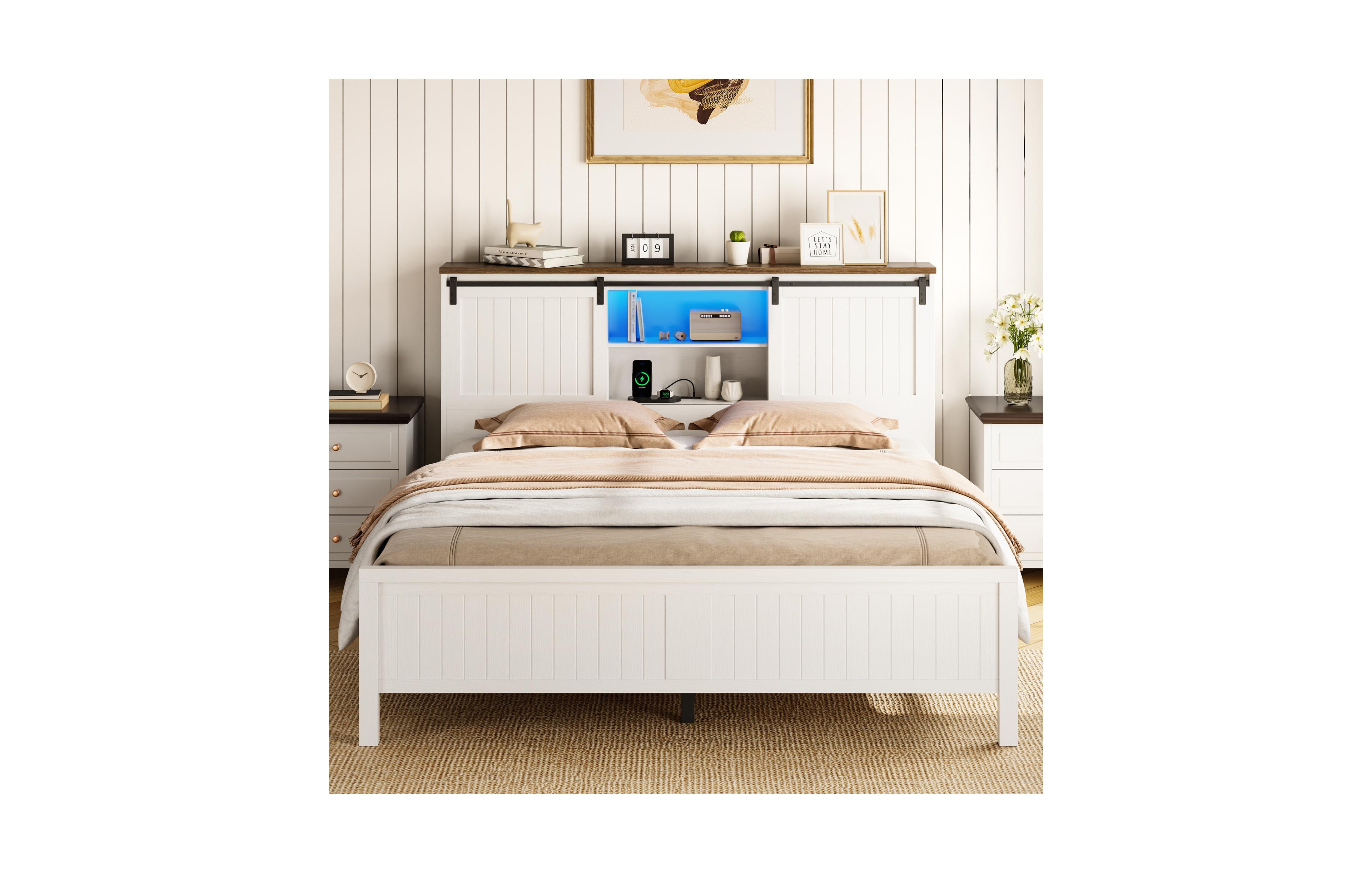 homfan Farmhouse Bed Frame with Bookcase Headboard, Led Lighting, Sliding Barn Doors, Storage and Charging Station, Wood Platform