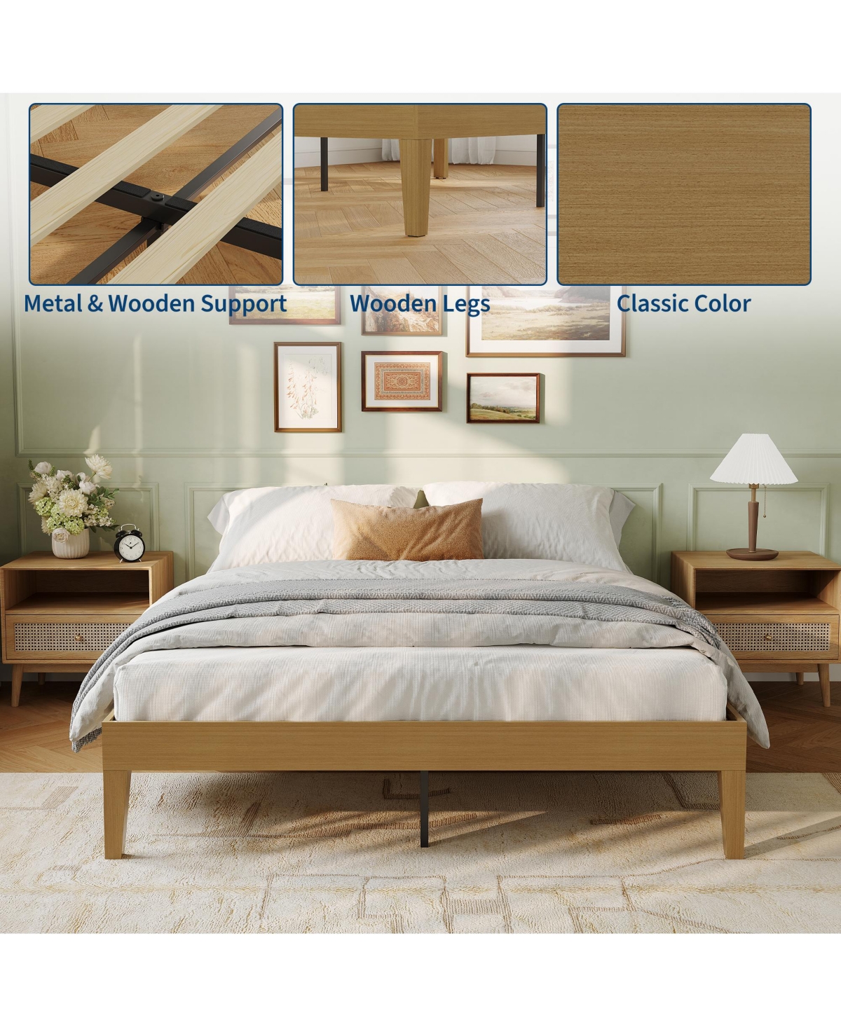 homfan Bed Frame,14 Inch Wood Platform Bed with Metal and Wood Slat Support,Noise-Free,No Box Spring Needed,Easy Assembly