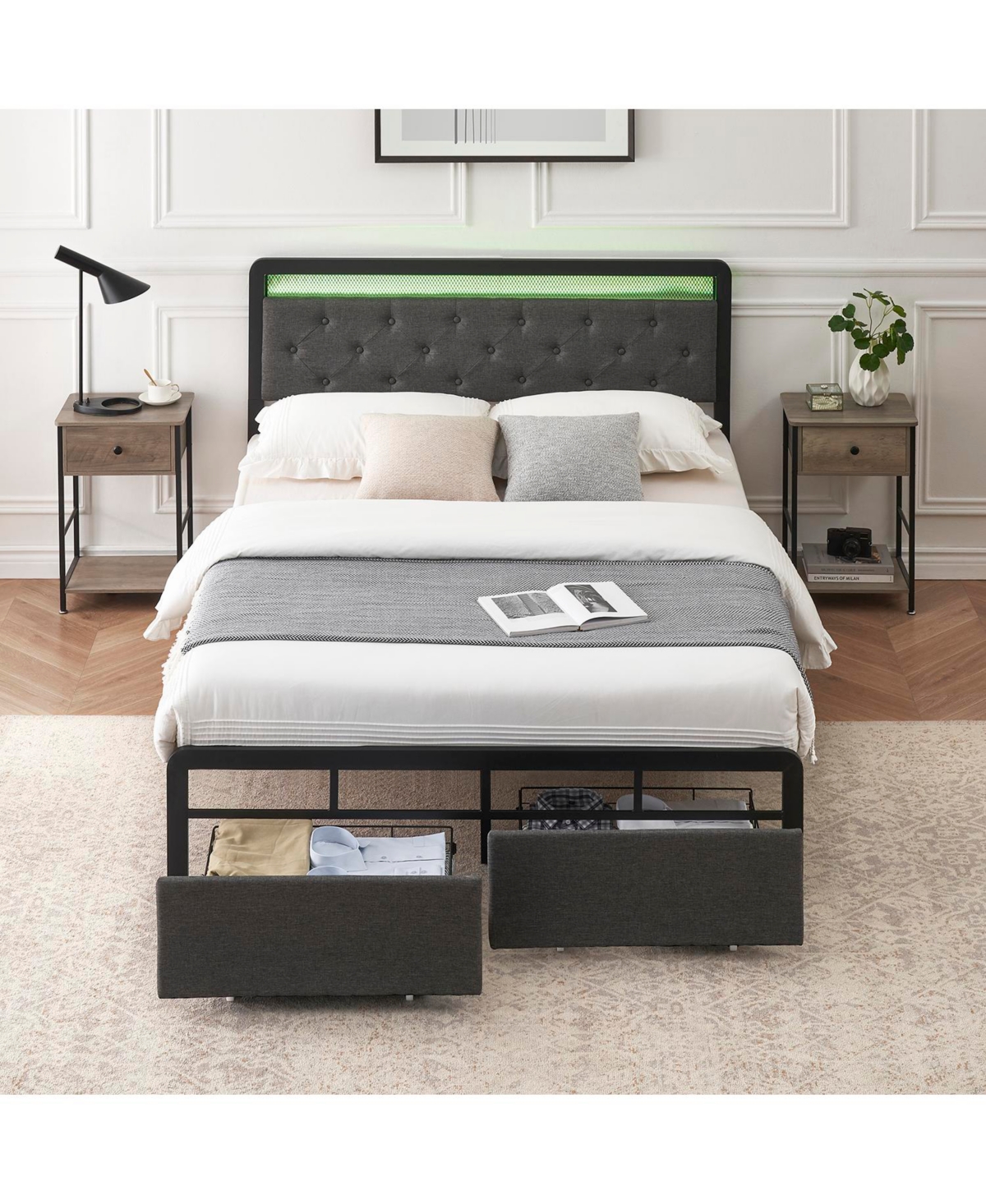 homfan Full Bed Frame with 2 Storage Drawers, Rgb Led Lights, Upholstered Button-Tufted Headboard, Easy Assembly, No Box Spring Needed