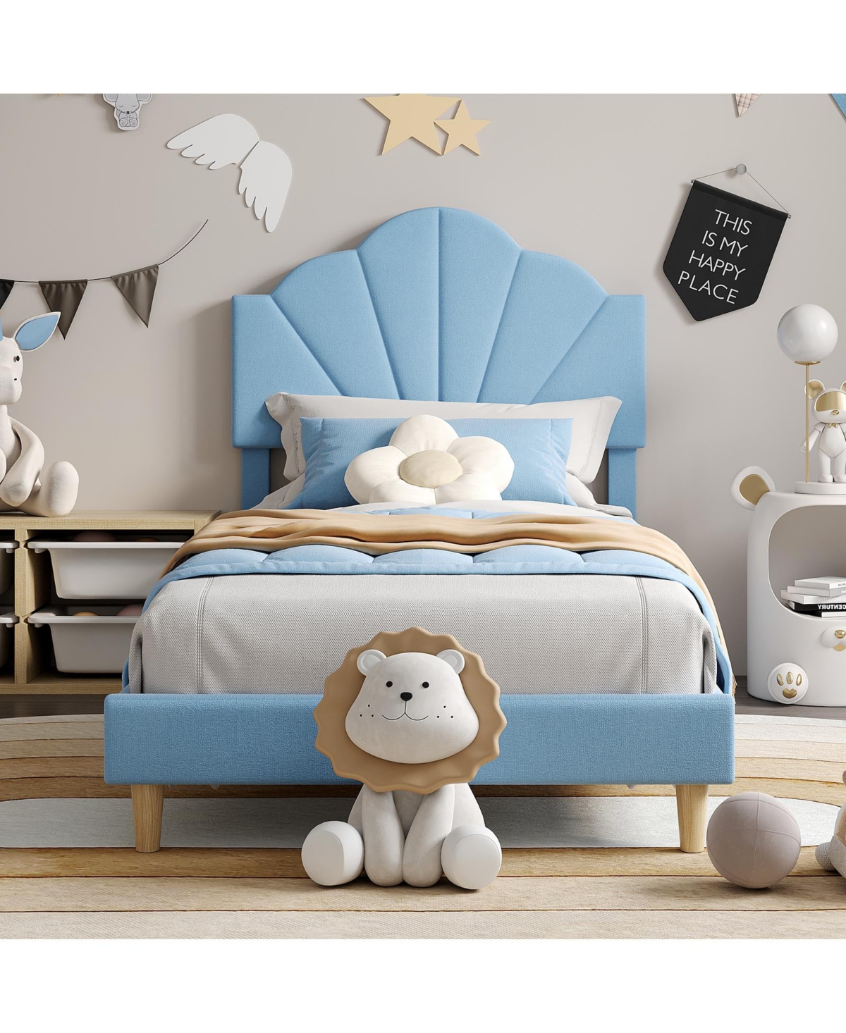 homfan Soft Upholstered Platform Bed Frame for Kids and Teens – Adjustable Headboard, Sturdy Wood Slat and Metal Support, No Box Spring Needed