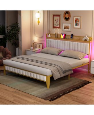 Modern Upholstered Platform Bed with Storage Headboard, LED Lighting and Built-in Charging Station