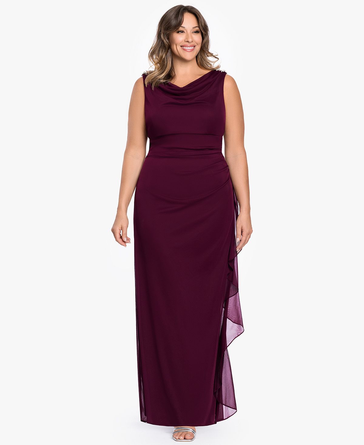 B&A By Betsy and Adam Women's Ruffle Side Cowl Neck Ball Gown view 1 — MAYCSS fashion products