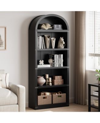 5 Shelf Arched Bookshelf  Tall Bookcase Farmhouse Display Storage Rack Wooden Bookshelves for Home Office, Living Room