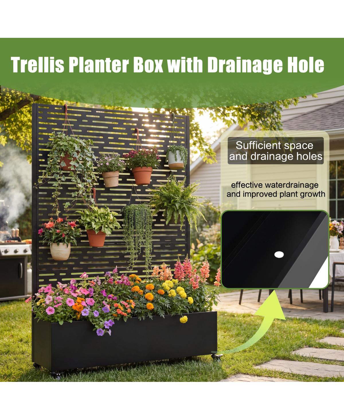 Streamdale Furniture Metal Raised Garden Bed with Wheels, Trellis, and Privacy Screen, 73"x47"x16