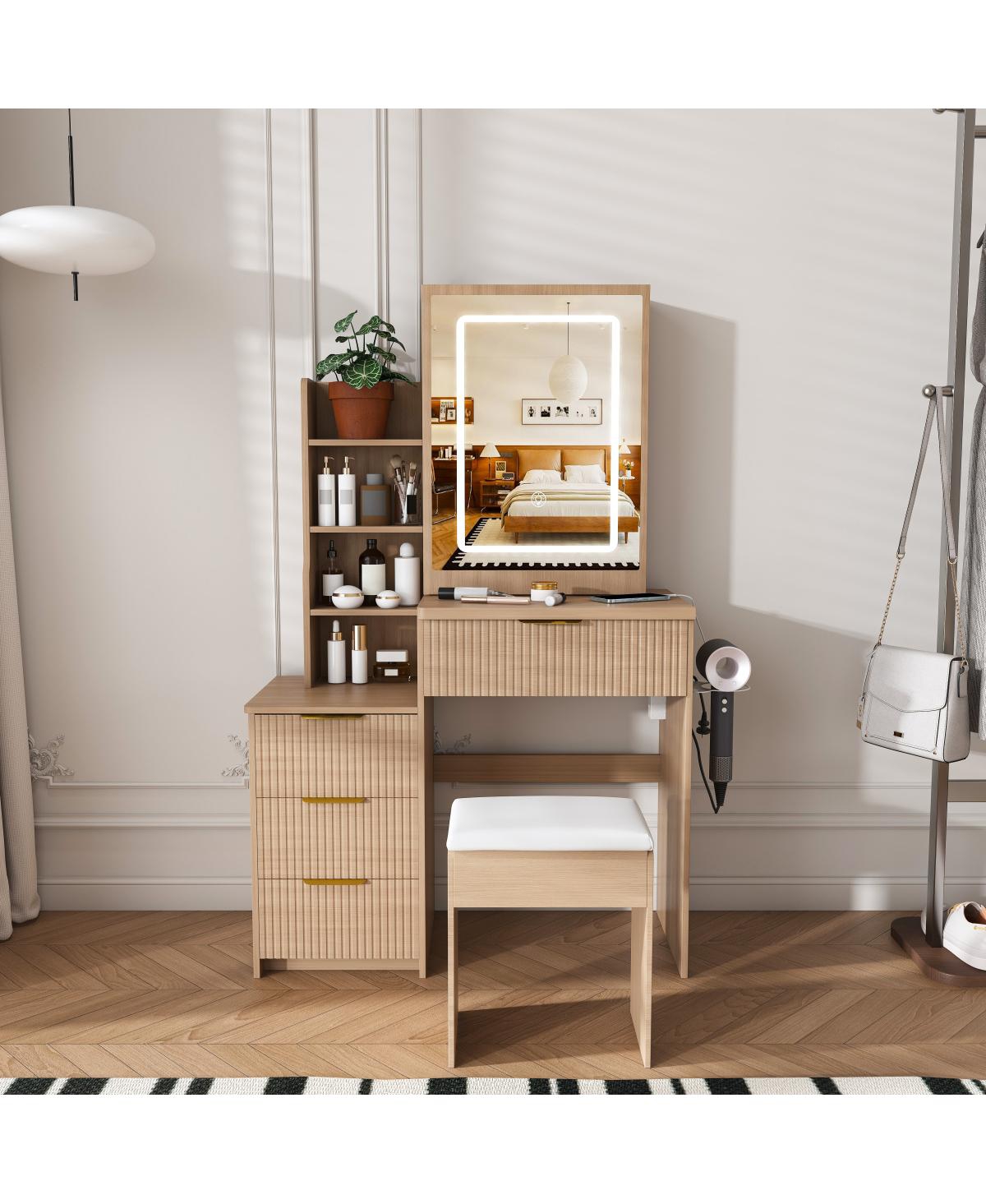 Streamdale Furniture Modern Vanity Desk with Led Mirror, 4 Drawers, Shelves, and Stool