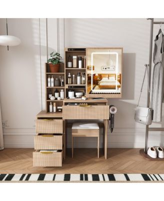 Modern Vanity Desk with LED Mirror, 4 Drawers, Shelves, and Stool