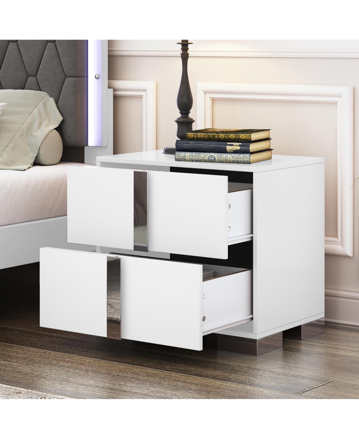 Rainsken Elegant Nightstand with Silver Mirrored Handle and 2 Drawers, Bedside Table, Sofa Side Table, End Table for Living Room