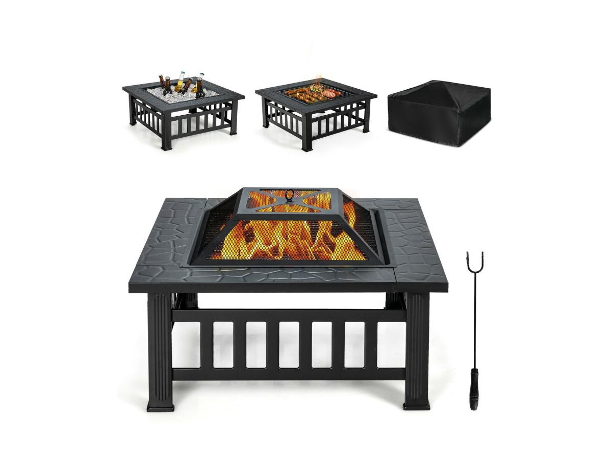 Mondawe 32 Inch 3 in 1 Outdoor Square Fire Pit Table with Bbq Grill and Rain Cover for Camping