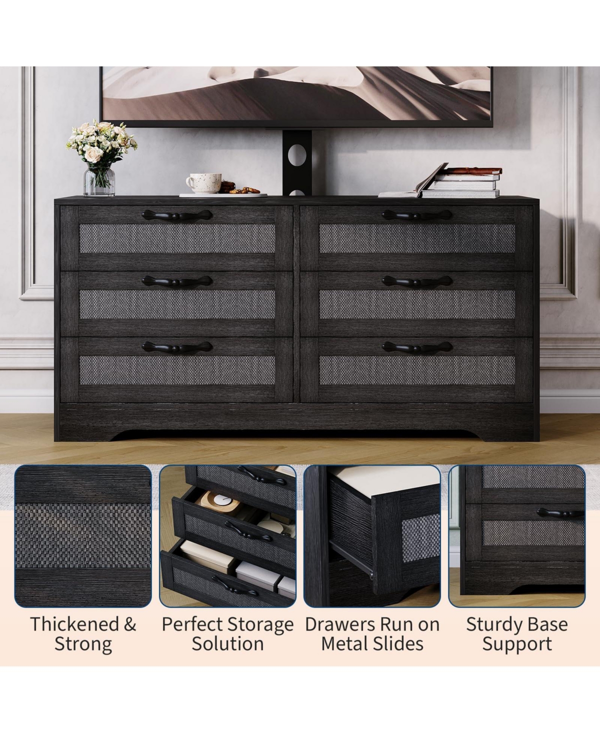 gaomon 47.2 Rattan Tv Stand with Mount for TVs 32–85", Modern Media Console with 6 Rattan Drawers and Adjustable Bracket