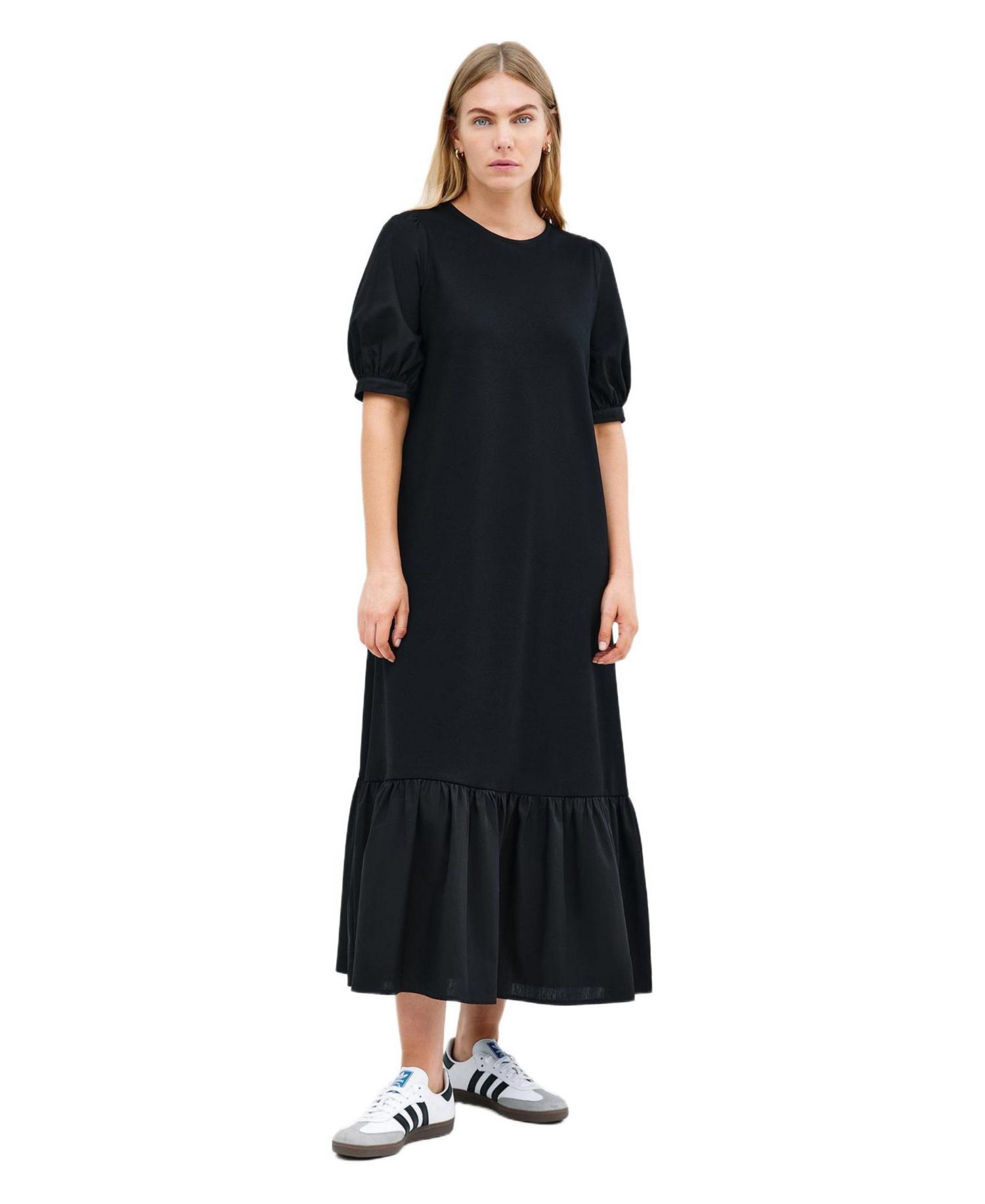 Women's Olivia Puff-Sleeve Crew-Neck Midi Dress with Pockets