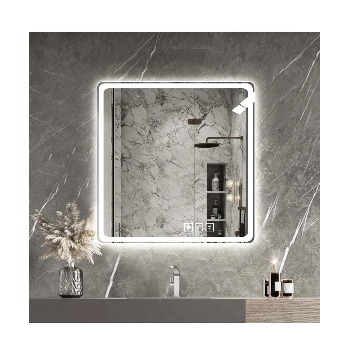 Busdays 36x36 Inch Led Vanity Mirror for Bathroom Front Lights Wall Mounted Anti Fog Frameless Copper Free Silver Makeup Mirror Horizontal or Vertical
