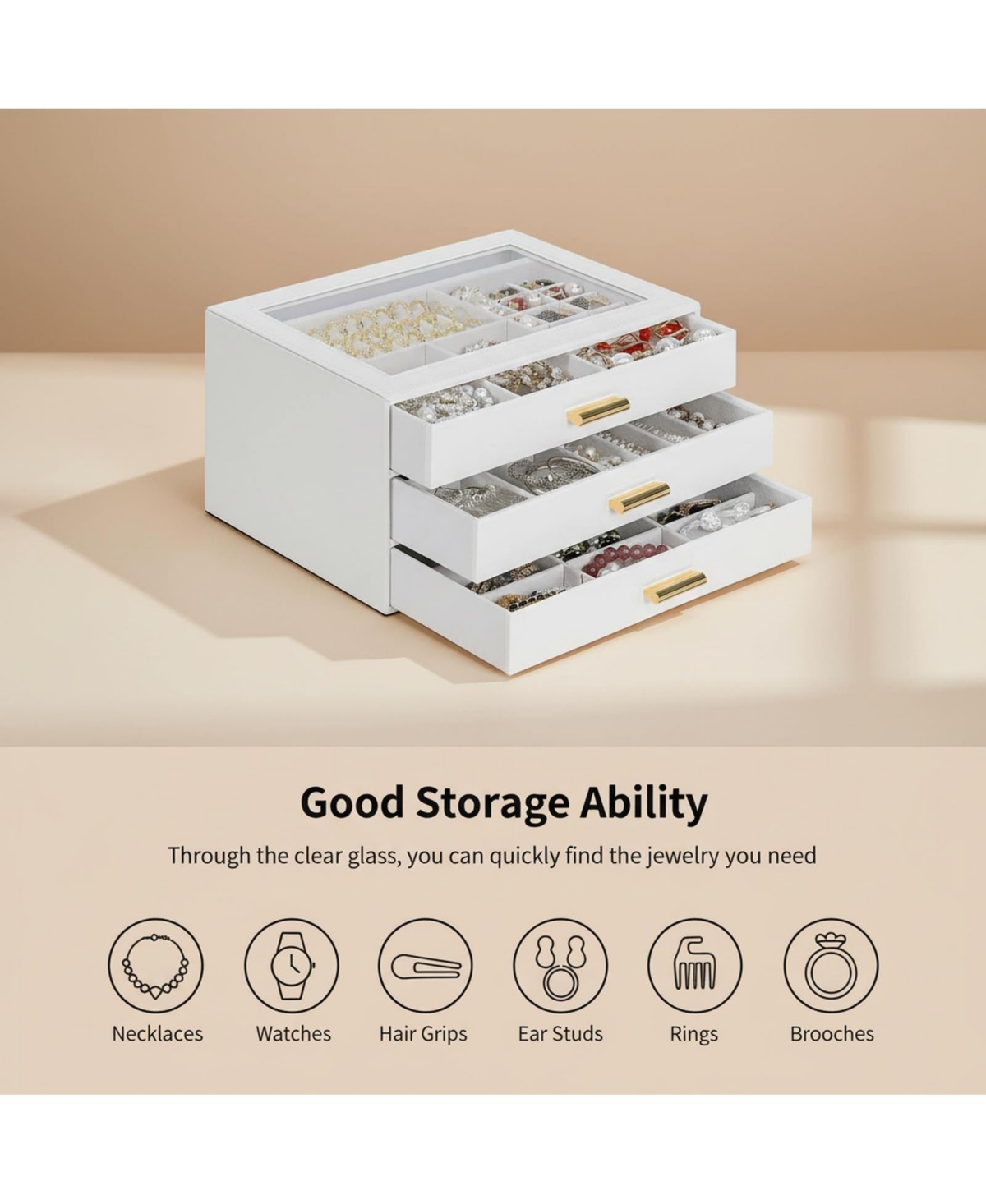 Yigii Leather Jewelry Organizer Clear Lid 2 Drawers for Necklace Ring Bracelet Earring